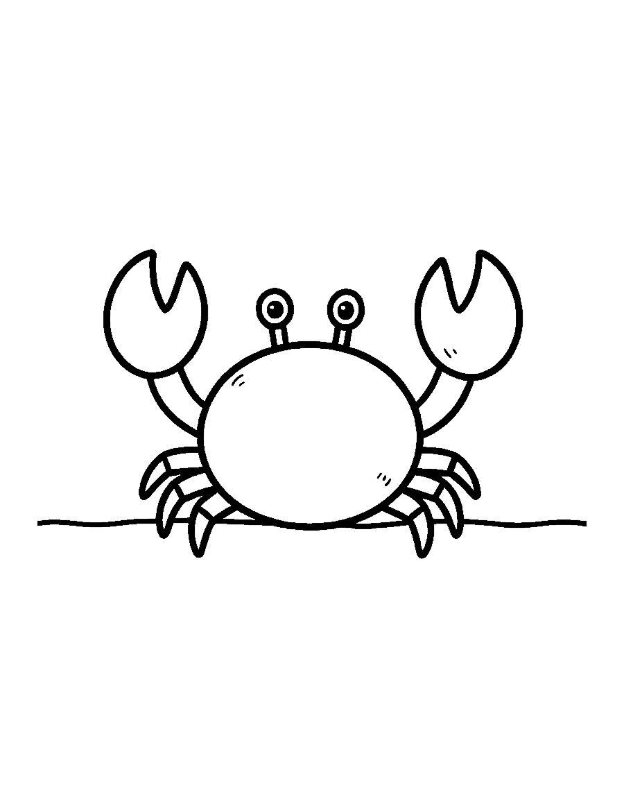 Line drawing of a happy crab facing forward and waving its claws