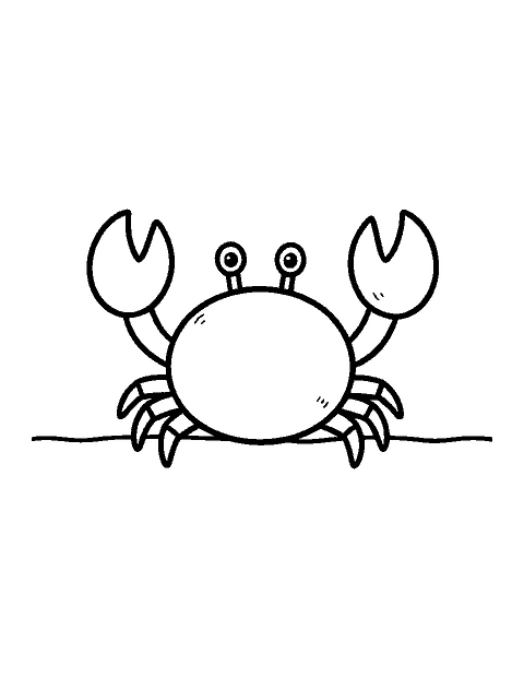 Line drawing of a happy crab facing forward and waving its claws