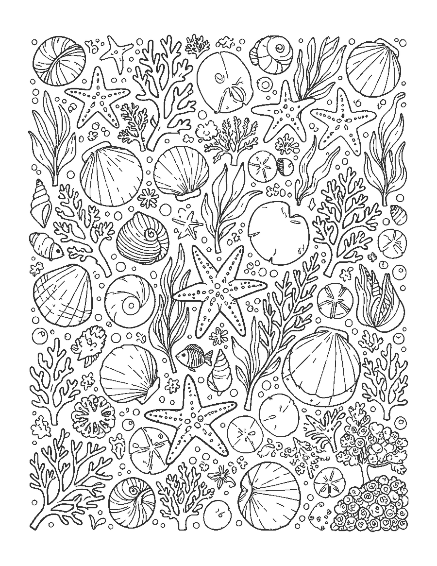 Line drawing of a doodle of seashells, starfish, sand dollars, coral sprigs, fish and bubbles