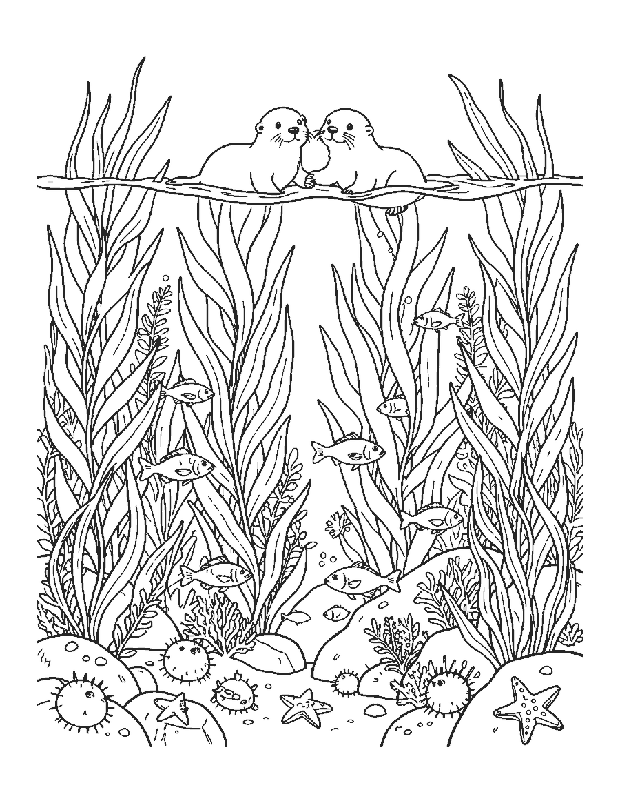 Line drawing of sea otters floating above a kelp forest with fish and urchins