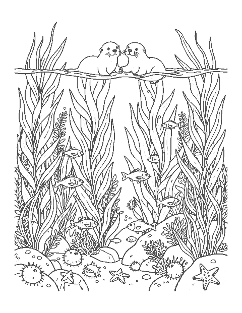 Line drawing of sea otters floating above a kelp forest with fish and urchins