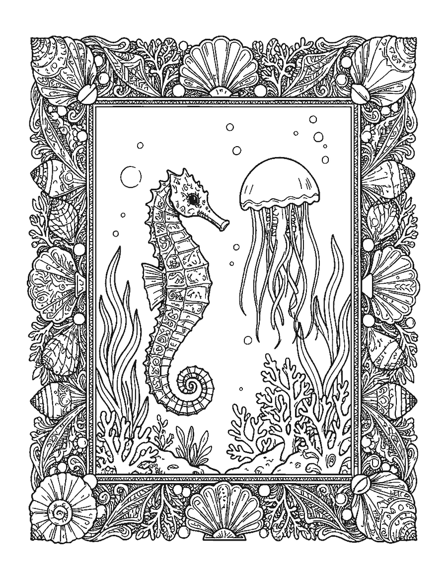 Line drawing of a seahorse and jellyfish framed by an ornate border of shells