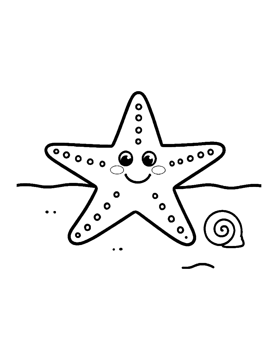 Line drawing of a smiling starfish lying on the sand next to a shell