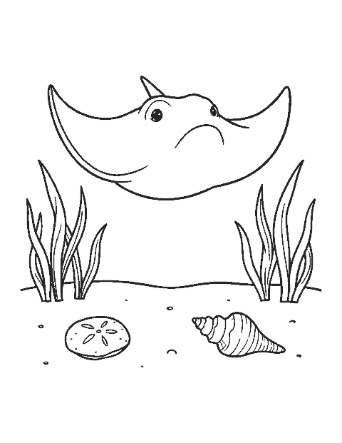 Line drawing of a stingray gliding over sand with seagrass and shells