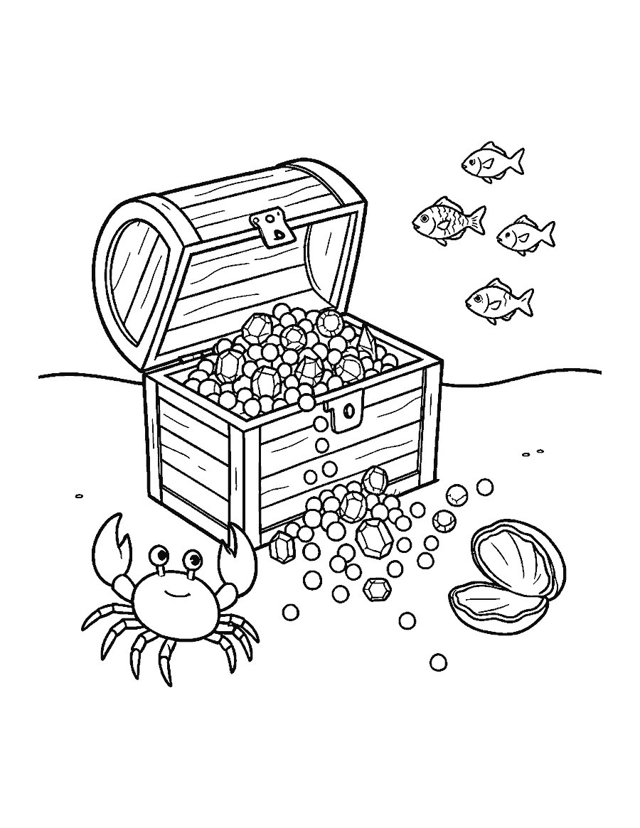 Line drawing of an open treasure chest full of pearls on the sea floor with a crab