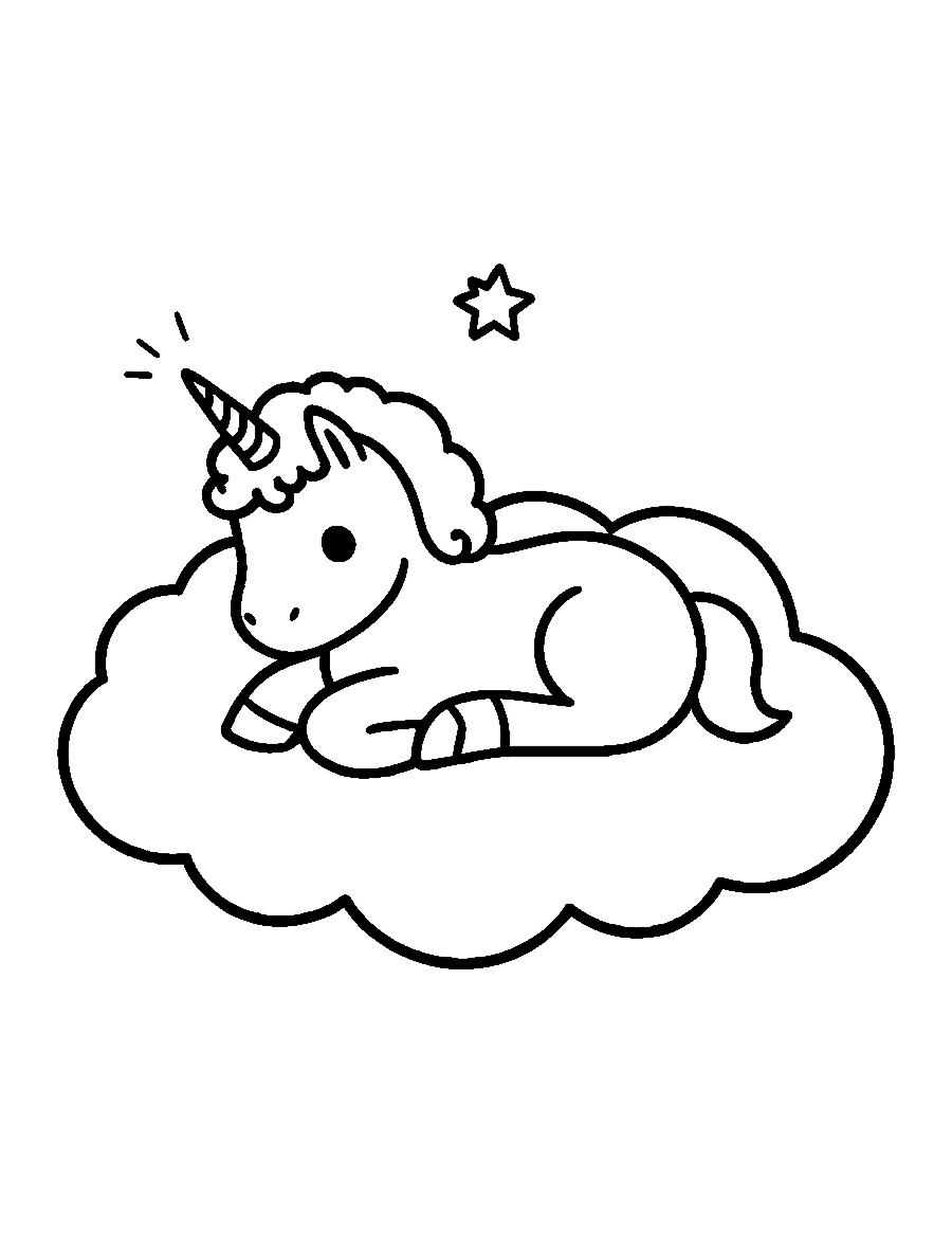 Line drawing of a baby unicorn resting on a fluffy cloud under a star