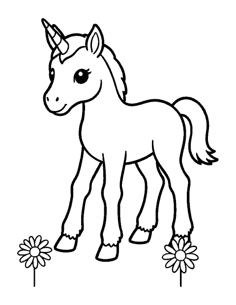 Line drawing of a baby unicorn foal standing on wobbly legs beside a daisy