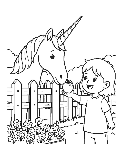 Line drawing of a child holding out an apple to a unicorn over a garden fence