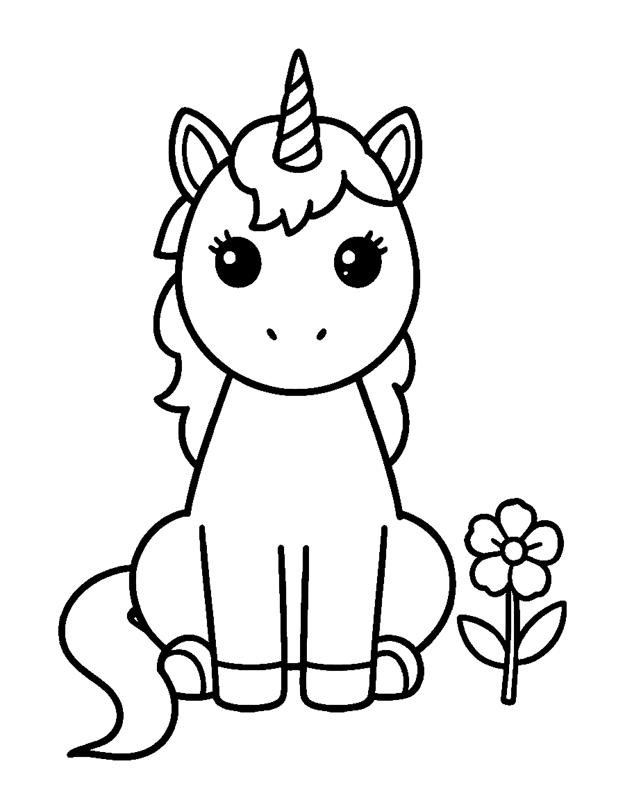 Line drawing of a cute unicorn sitting upright facing forward beside a flower