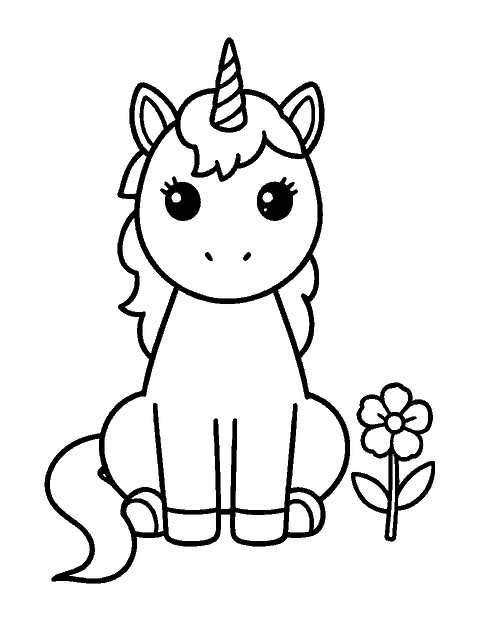 Line drawing of a cute unicorn sitting upright facing forward beside a flower