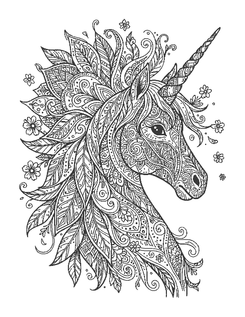 Line drawing of a unicorn head in profile with a mane of mandala swirls and flowers