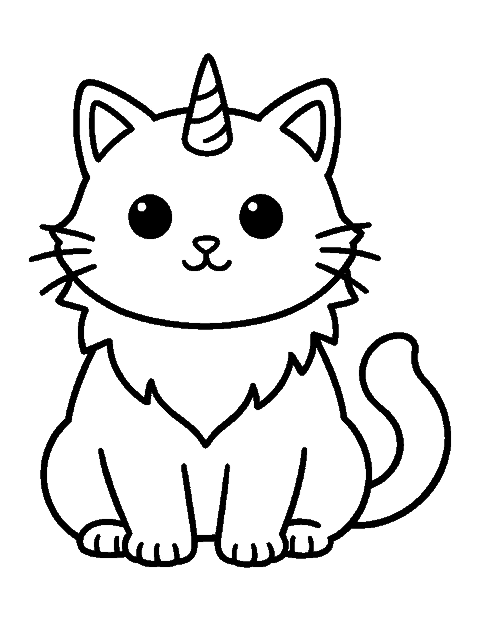 Line drawing of a kawaii kitten with a spiral unicorn horn and a fluffy mane