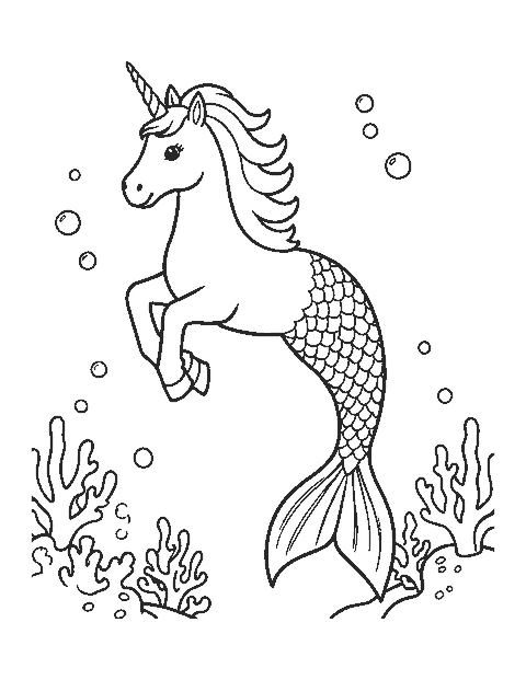Line drawing of a unicorn with a mermaid tail swimming past coral and bubbles