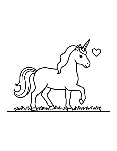 Line drawing of a unicorn prancing sideways with one hoof lifted and a heart