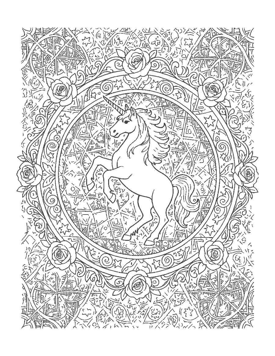 Line drawing of a rearing unicorn inside a round border of roses and scrollwork