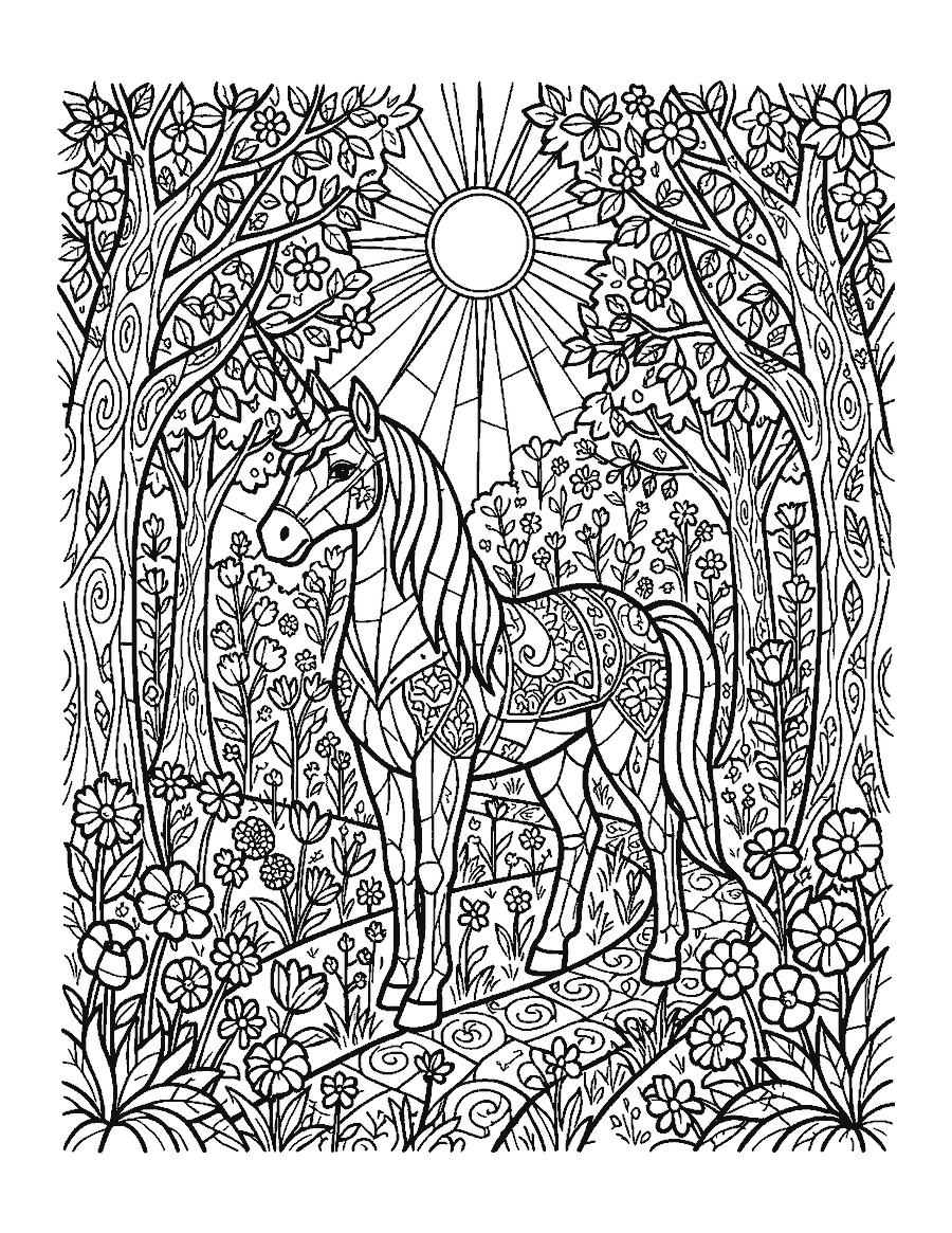 Line drawing of a unicorn in a garden in a stained glass style with many small panels
