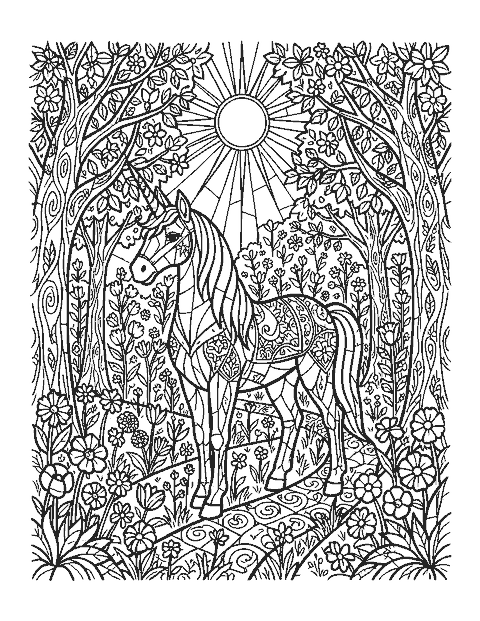 Line drawing of a unicorn in a garden in a stained glass style with many small panels