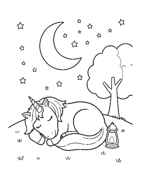 Line drawing of a unicorn sleeping on a hill under a crescent moon and stars