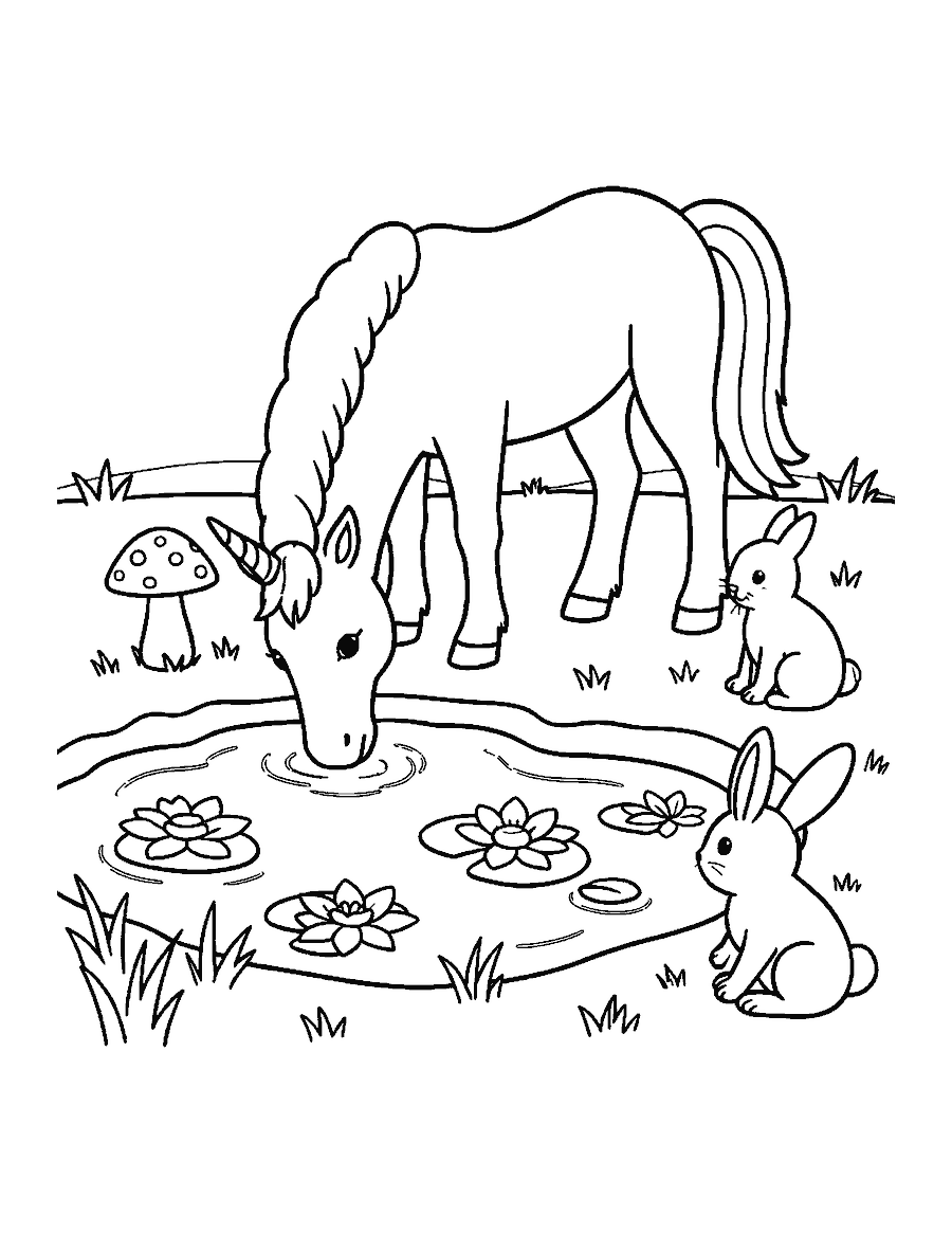 Line drawing of a unicorn drinking from a lily pond while a bunny watches