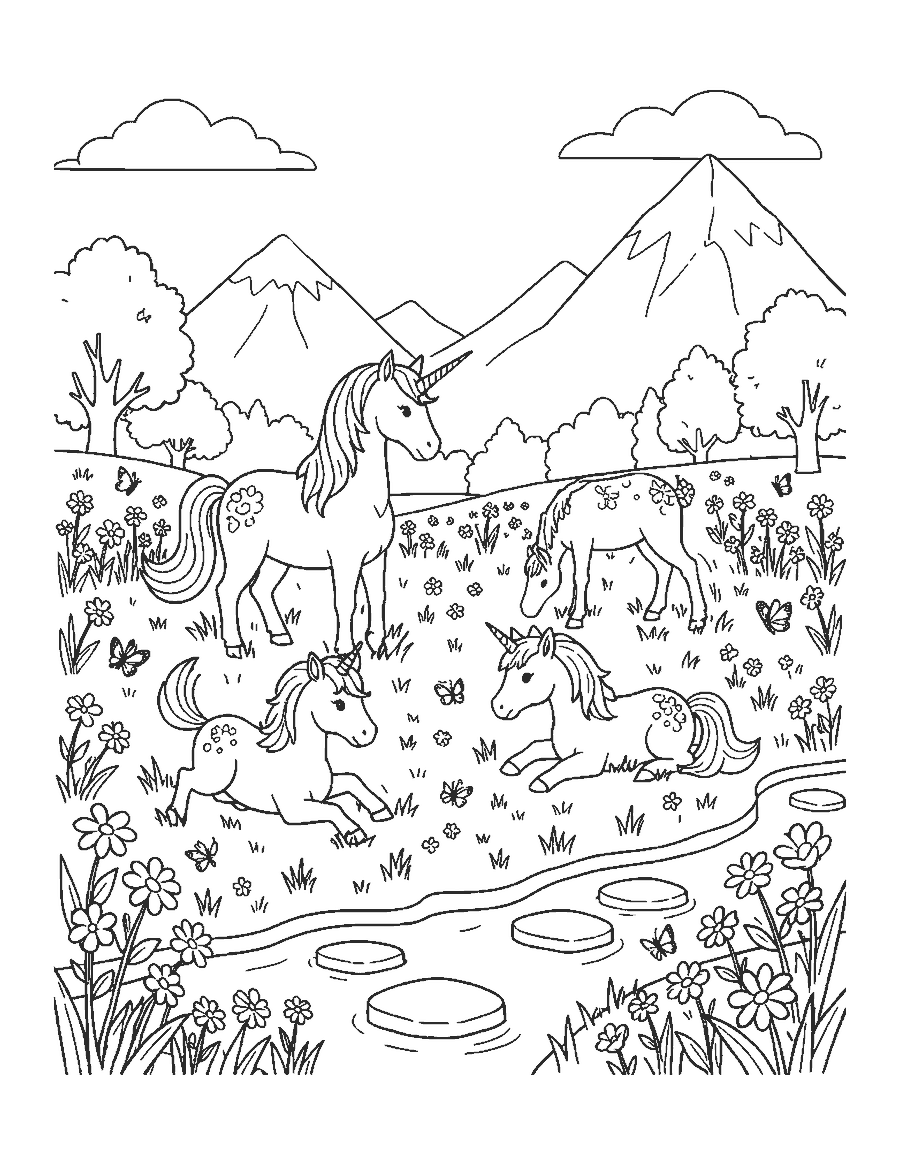 Line drawing of a unicorn and two foals playing in a meadow by a stream