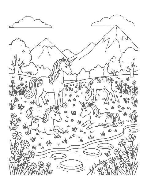 Line drawing of a unicorn and two foals playing in a meadow by a stream