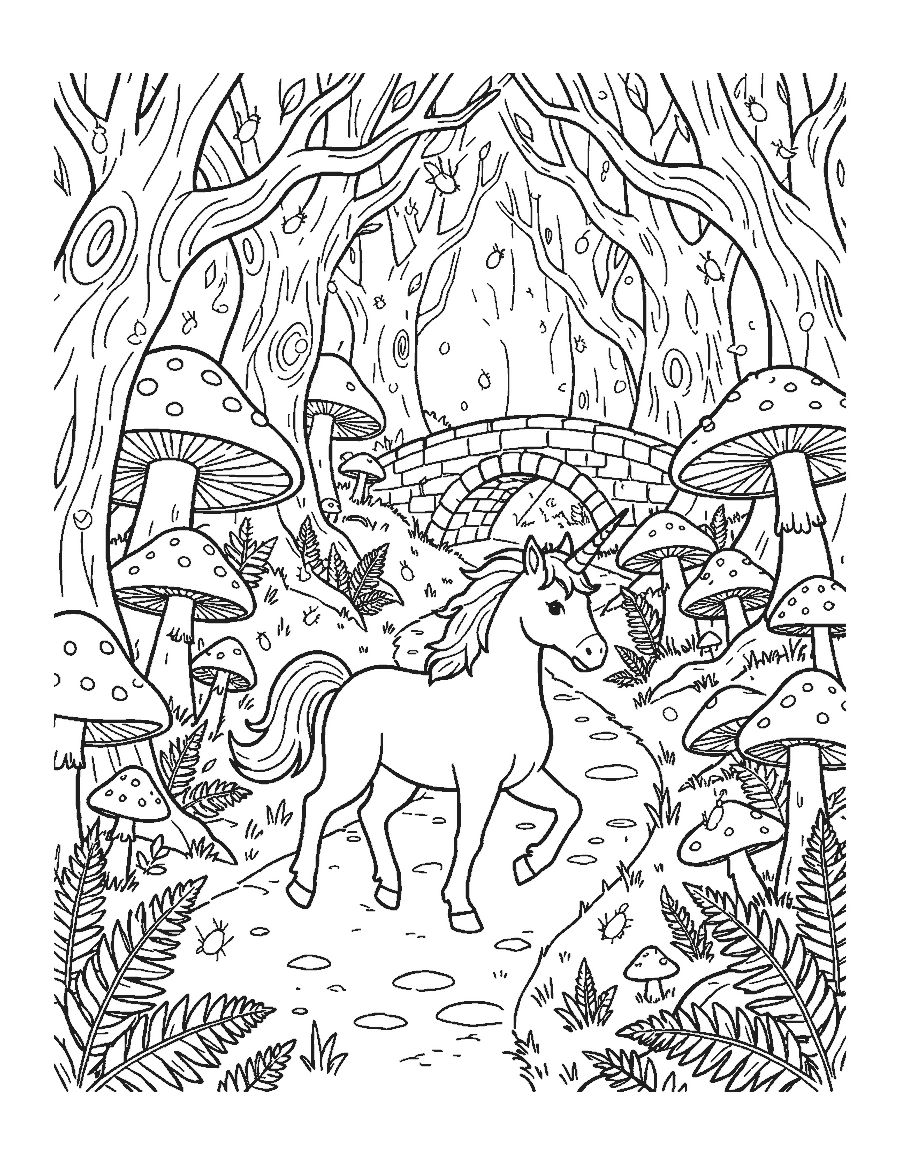 Line drawing of a unicorn galloping through a forest of giant mushrooms and twisted trees