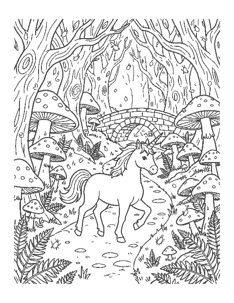 Line drawing of a unicorn galloping through a forest of giant mushrooms and twisted trees