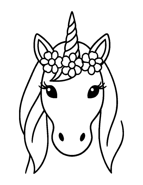 Line drawing of a unicorn head with a spiral horn and a crown of three flowers