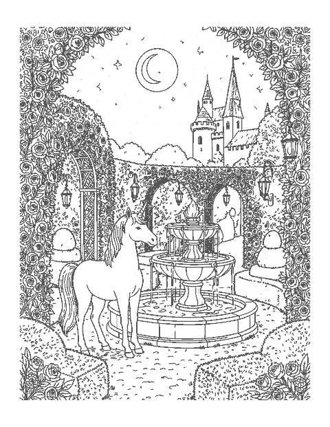Line drawing of a unicorn by a fountain in a castle garden at night