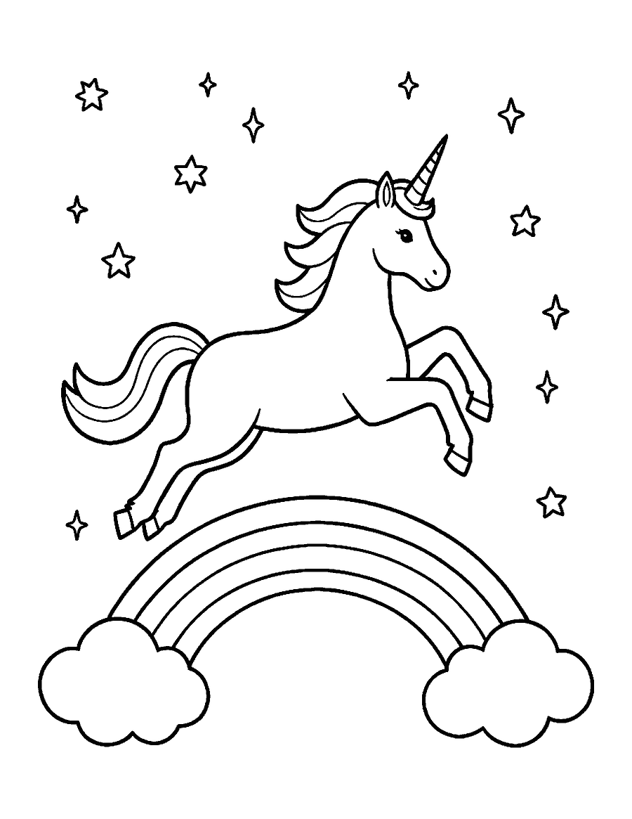 Line drawing of a unicorn jumping over a rainbow between two clouds