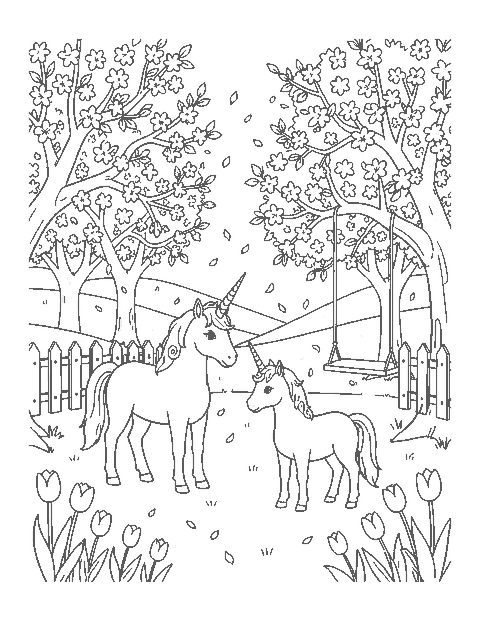 Line drawing of a unicorn and her foal in a blossoming orchard with a swing and tulips