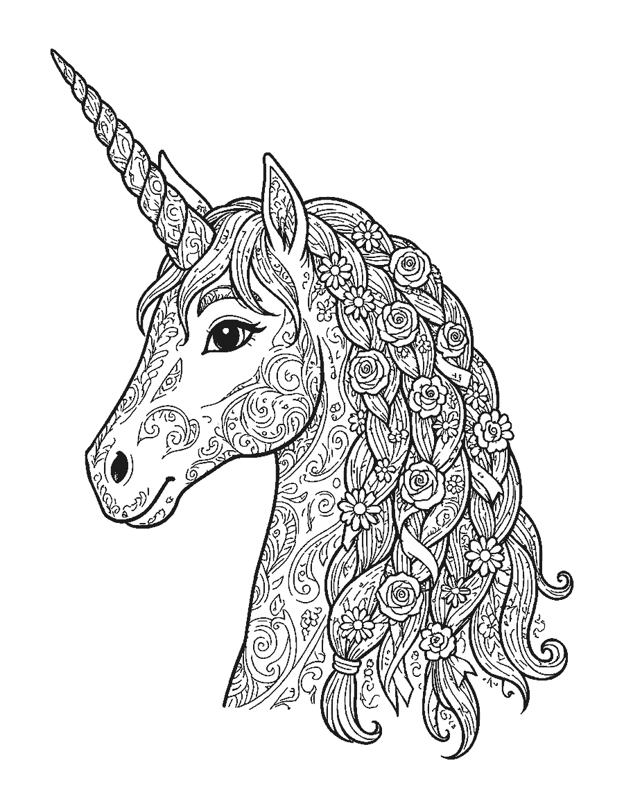 Line drawing of a unicorn in profile with a braided mane woven with tiny flowers