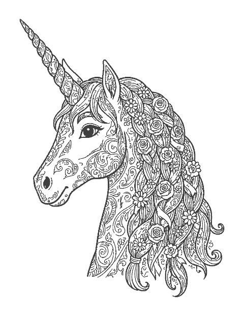 Line drawing of a unicorn in profile with a braided mane woven with tiny flowers
