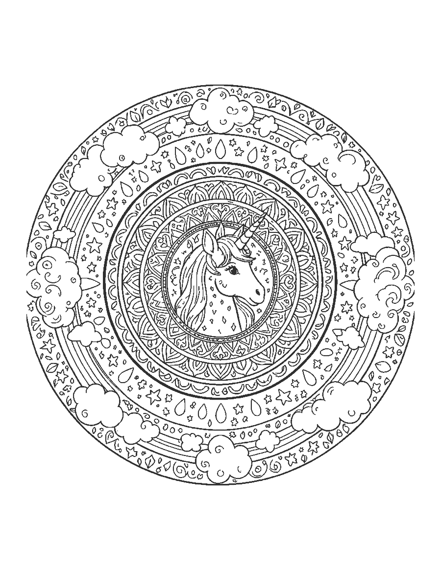 Line drawing of a mandala with a unicorn head ringed by rainbows, clouds and stars