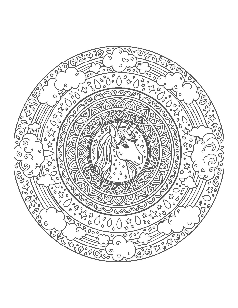 Line drawing of a mandala with a unicorn head ringed by rainbows, clouds and stars