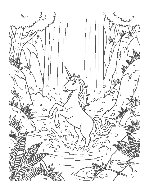 Line drawing of a unicorn splashing in a pool below a waterfall with a rainbow