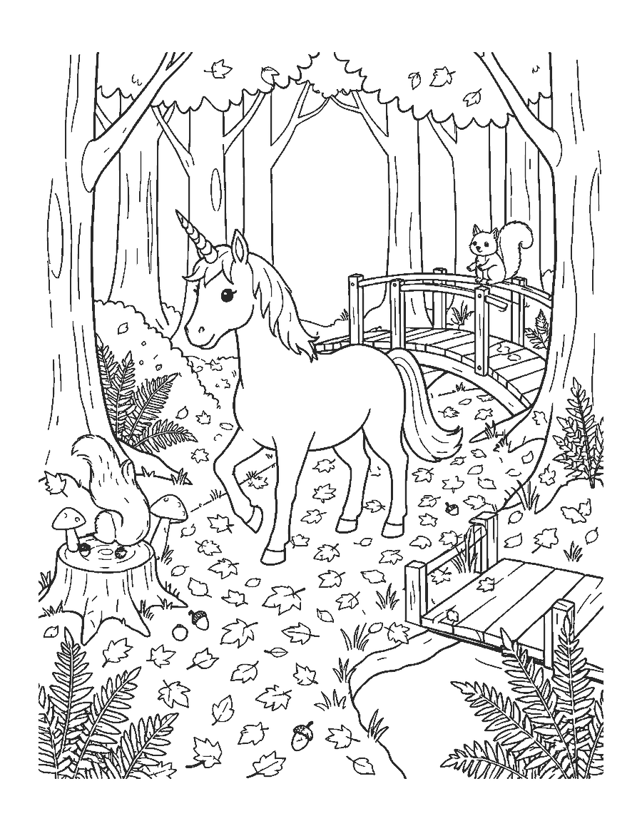 Line drawing of a unicorn trotting through an autumn forest past a squirrel and a footbridge