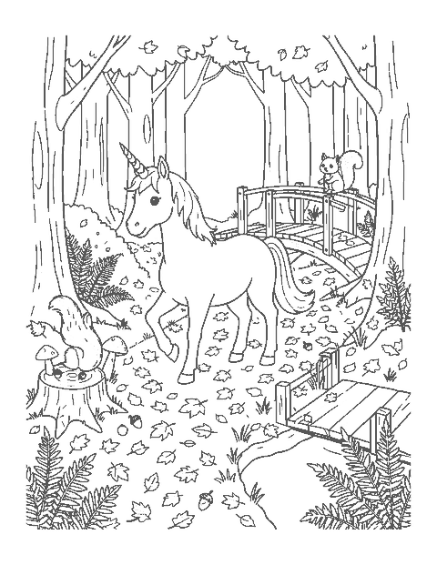 Line drawing of a unicorn trotting through an autumn forest past a squirrel and a footbridge