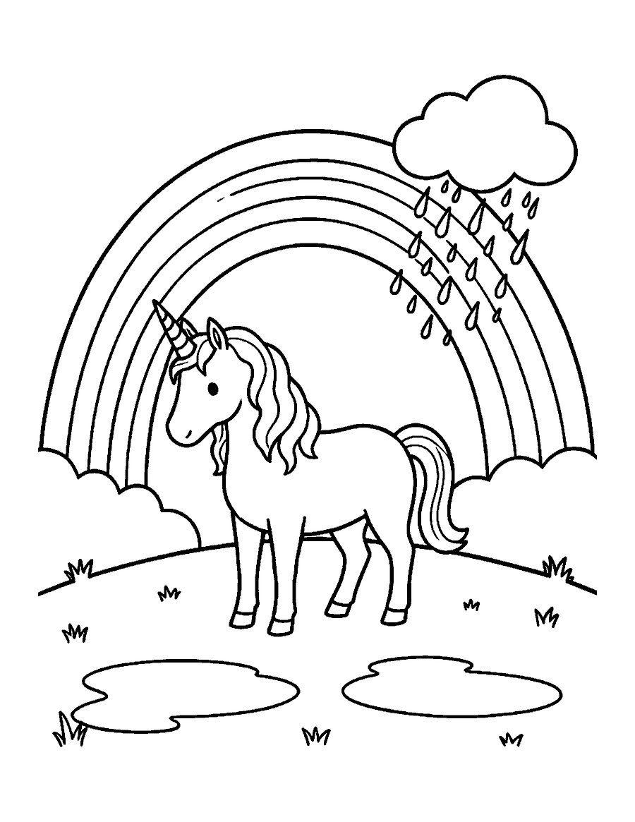 Line drawing of a unicorn standing under a rainbow beside a rain cloud and puddles