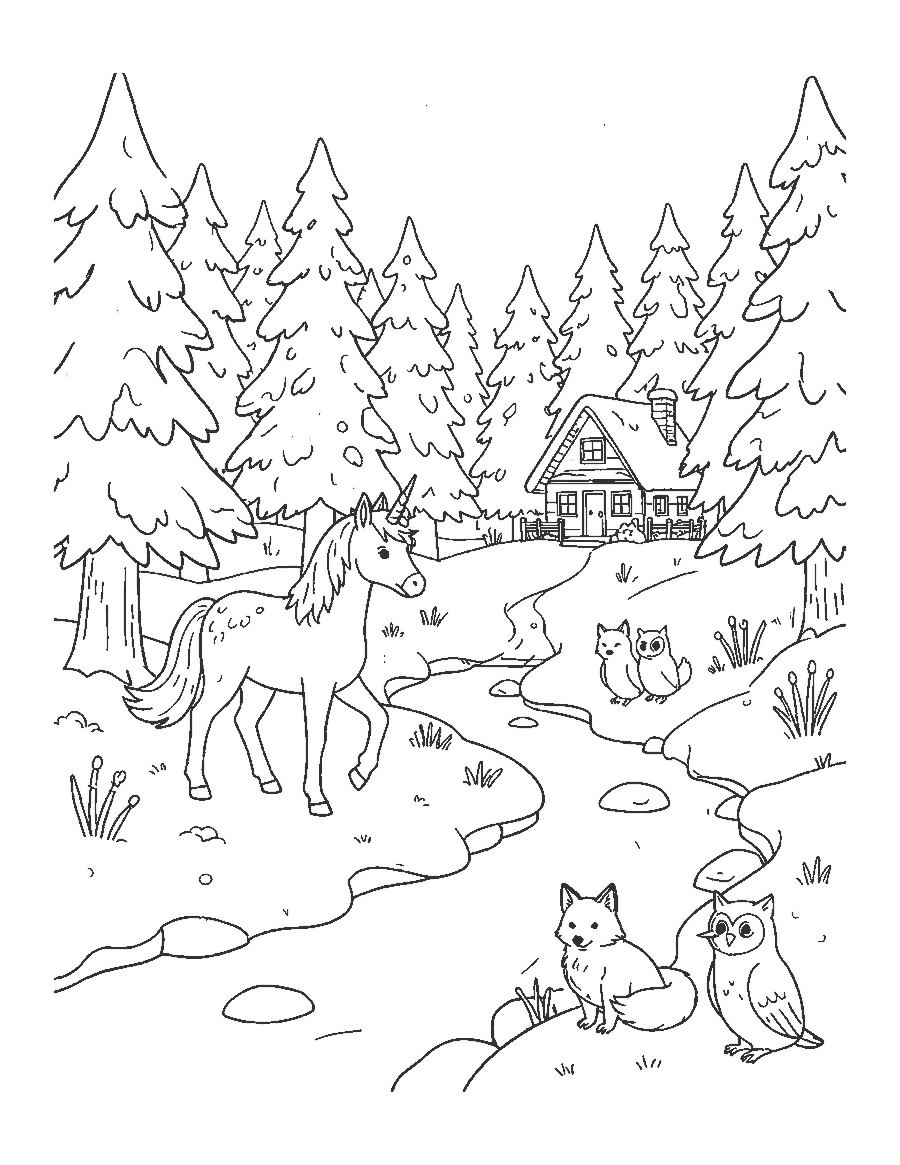 Line drawing of a unicorn walking through a snowy forest at night with a fox and owl