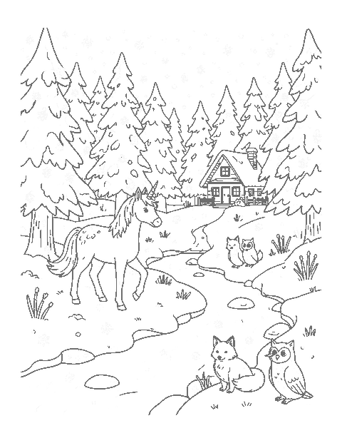 Line drawing of a unicorn walking through a snowy forest at night with a fox and owl