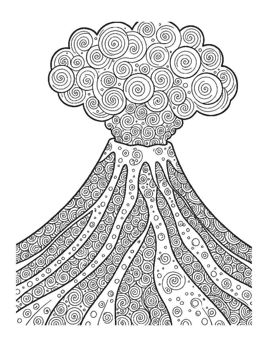 Line drawing of a volcano whose slopes, lava and smoke cloud are filled with doodle patterns