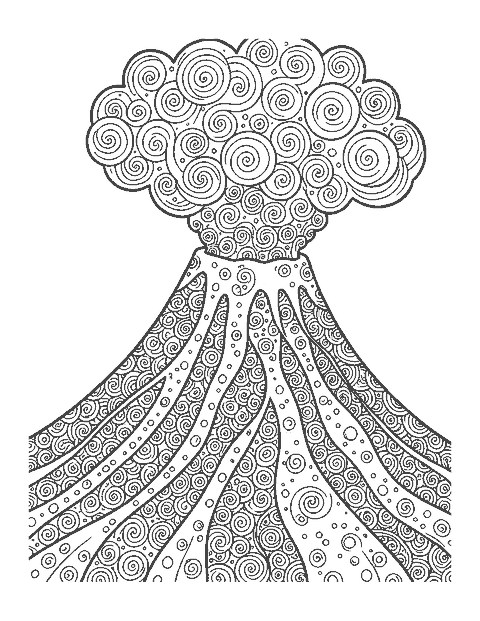 Line drawing of a volcano whose slopes, lava and smoke cloud are filled with doodle patterns