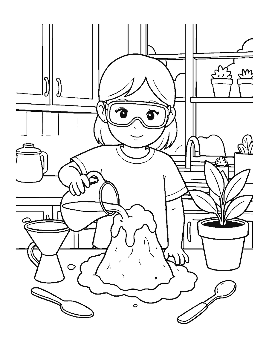 Line drawing of a girl in goggles pouring vinegar into a model volcano that bubbles over