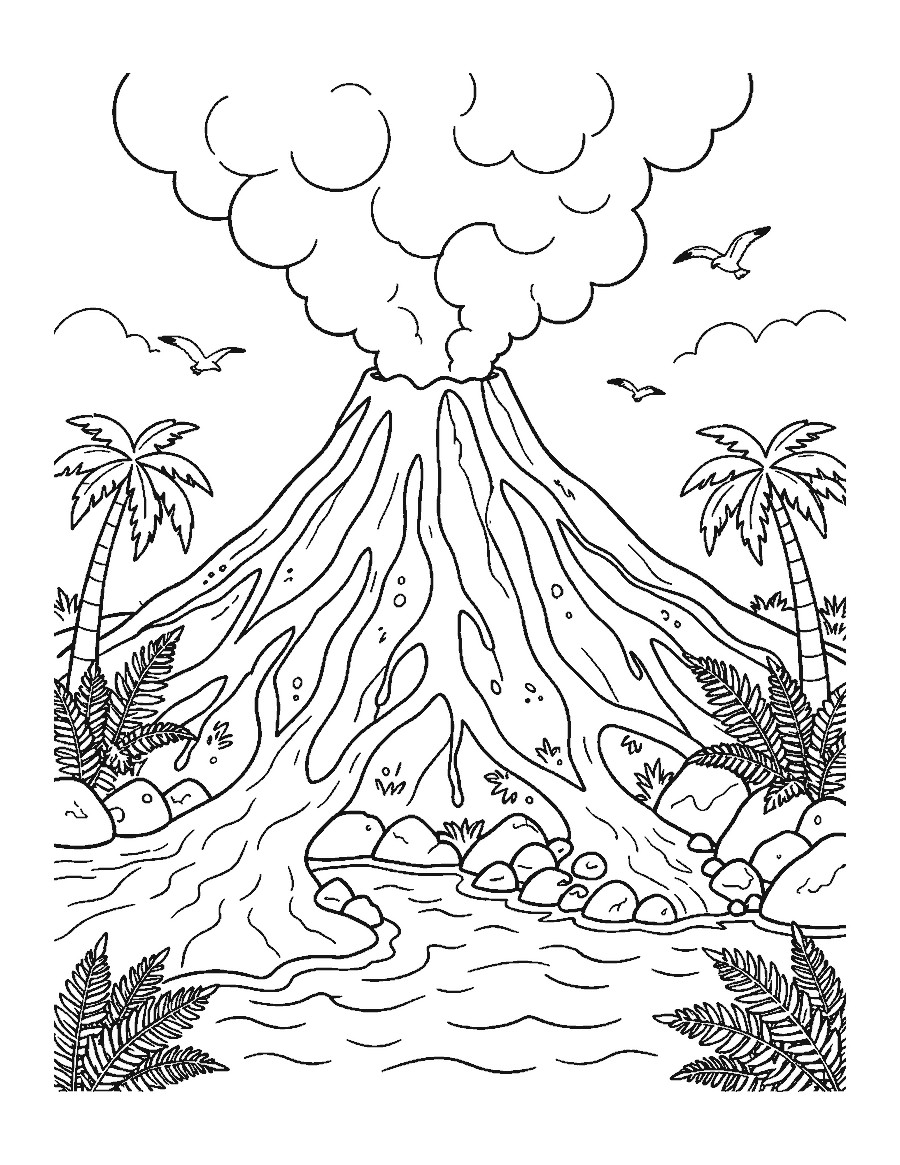 Line drawing of lava flowing from a volcano into the sea with steam clouds and palm trees