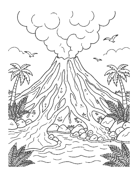 Line drawing of lava flowing from a volcano into the sea with steam clouds and palm trees