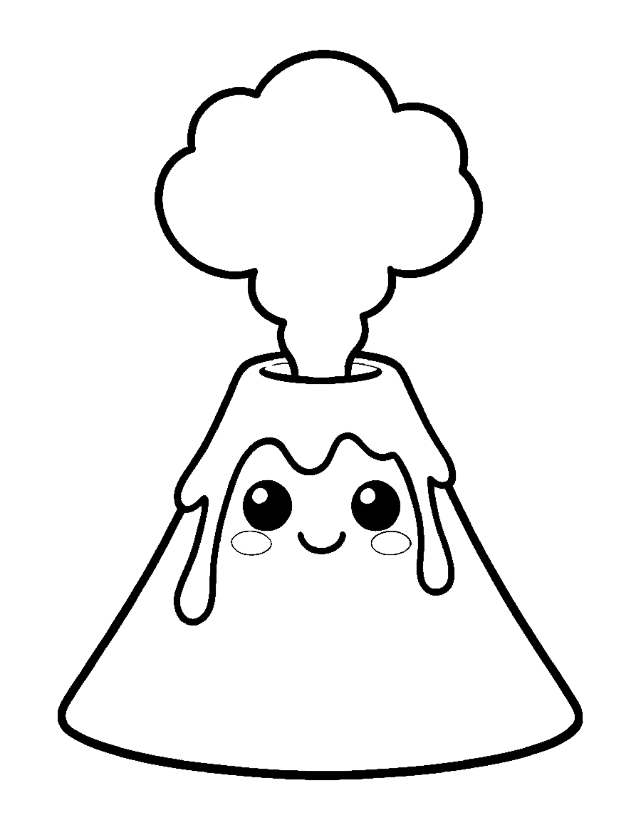Line drawing of a cute smiling volcano puffing a round cloud with lava drips down its sides