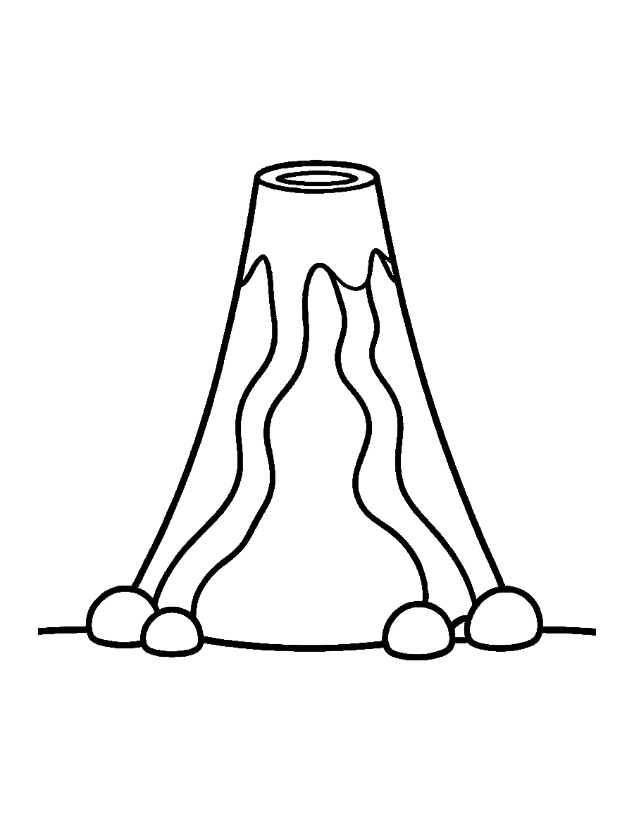 Line drawing of a tall cone volcano with wavy lava streams and rocks at its base