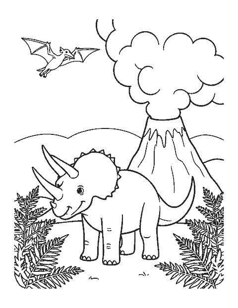 Line drawing of a Triceratops watching a volcano puff smoke with ferns and a pterosaur