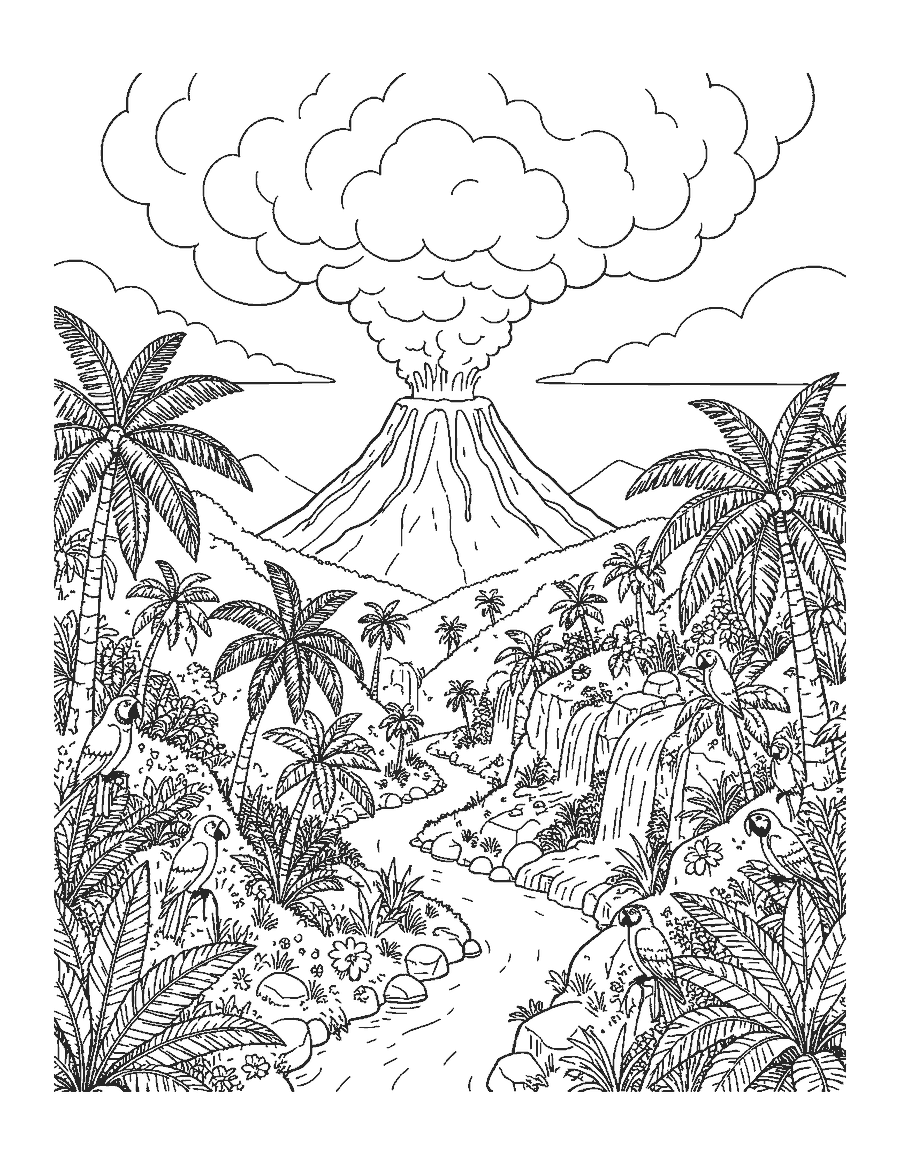 Line drawing of an erupting volcano above a jungle valley with a river, waterfalls and parrots